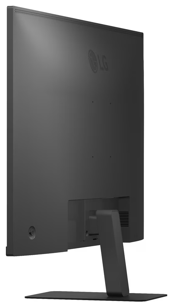 Widok z tyłu czarnego monitora LG. Stojak podtrzymuje ekran. Widoczne logo LG. Monitor znajduje się na białym tle.