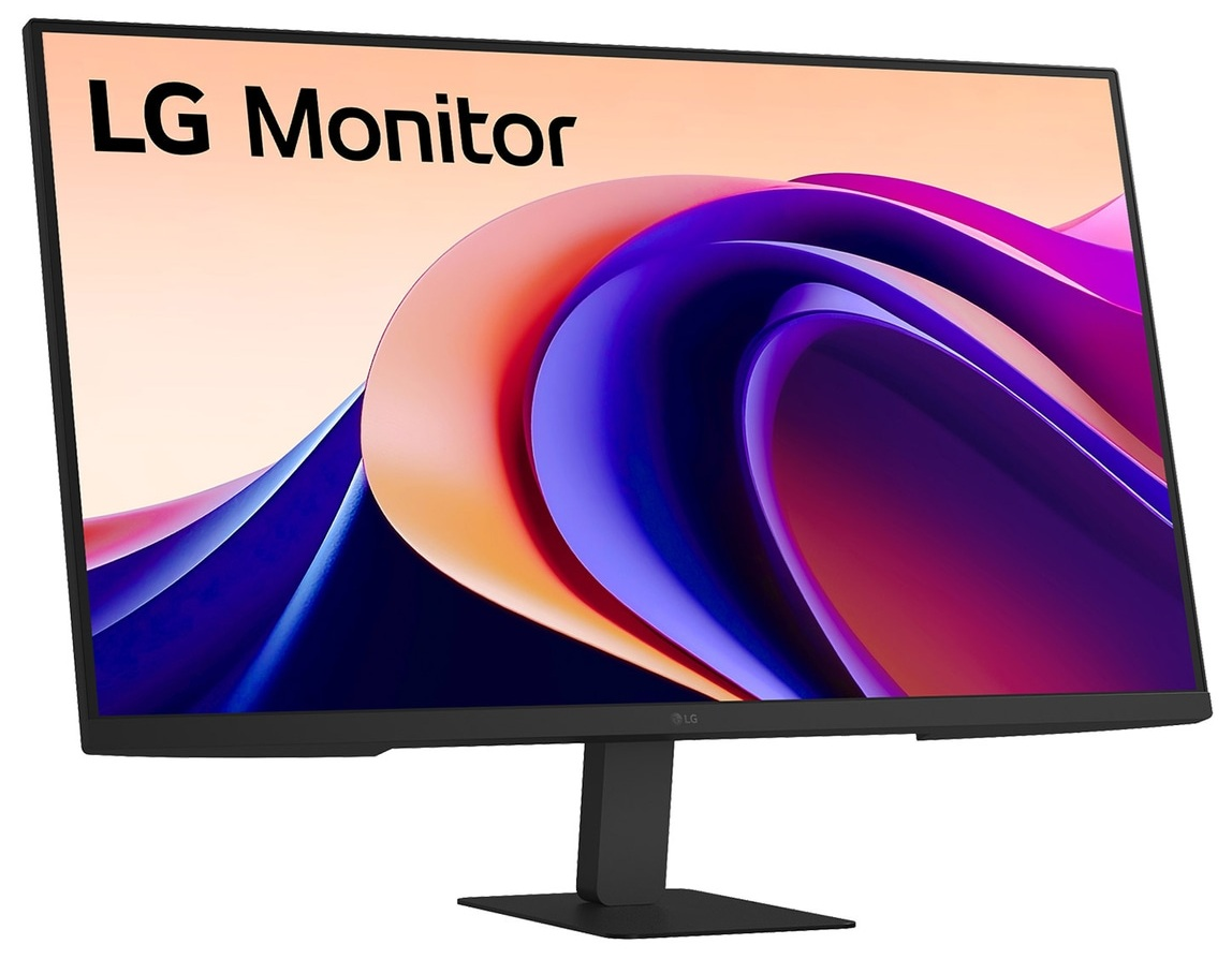Monitor LG. Czarna ramka, podstawa. Ekran wyświetla abstrakcyjną grafikę w odcieniach fioletu, pomarańczu i niebieskiego. Logo LG na dole.