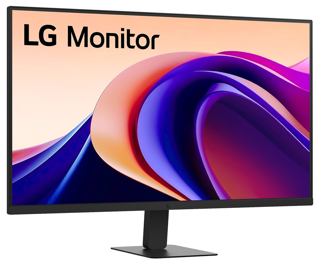 Monitor LG wyświetla kolorowy abstrakcyjny wzór. Monitor jest czarny, a ekran pokazuje mieszankę różu, pomarańczy, fioletu i niebieskiego.