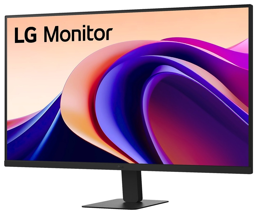 Monitor LG wyświetla kolorowe, abstrakcyjne tło. Monitor jest czarny, ze stojakiem i podstawą. Na ekranie widnieje napis 'LG Monitor'.