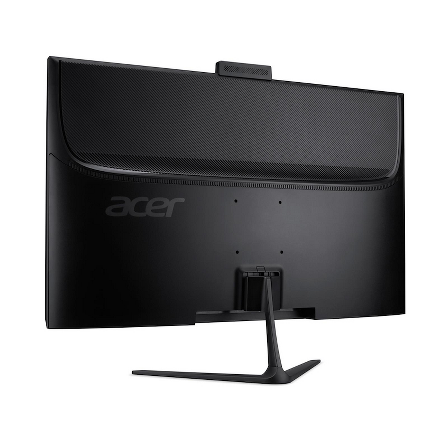 La parte trasera de un monitor Acer negro. Tiene un soporte, una webcam y el logotipo de Acer. La superficie tiene un patrón texturizado.
