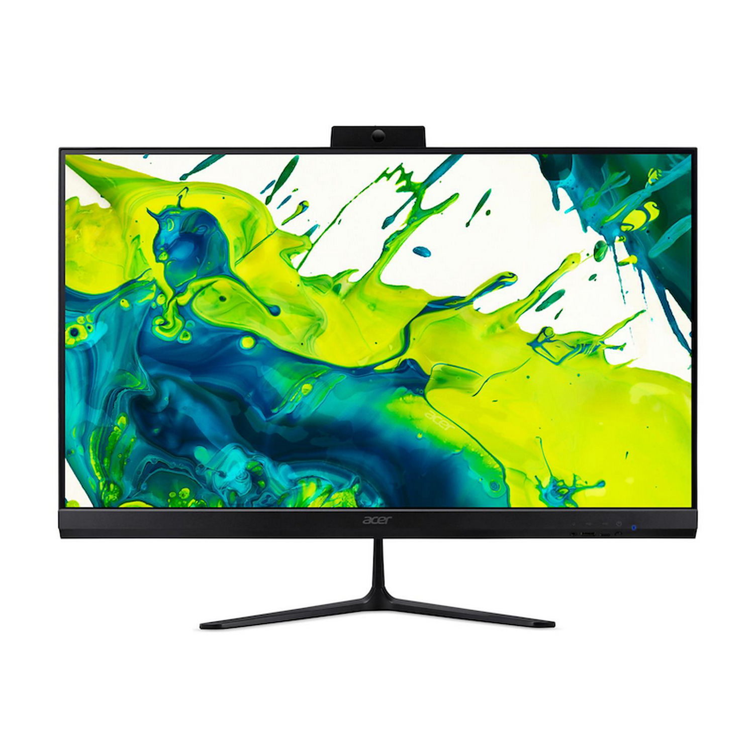 Un monitor Acer con marco y soporte negros. La pantalla muestra un colorido salpicado de pintura amarilla y azul.