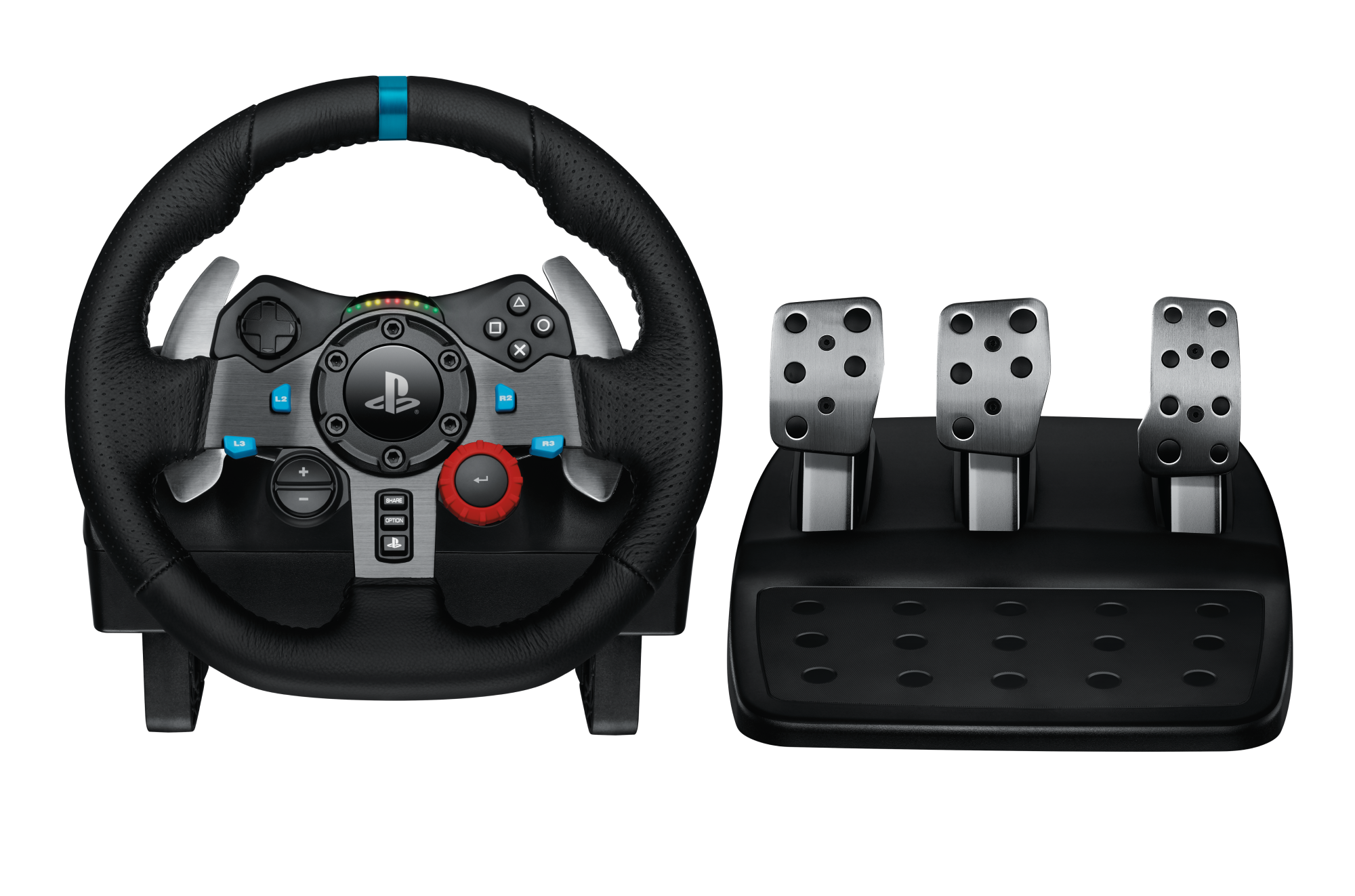 Zestaw kierownicy i pedałów do gier, czarny ze srebrnymi detalami. Kierownica z przyciskami, pedały z metalowymi powierzchniami.