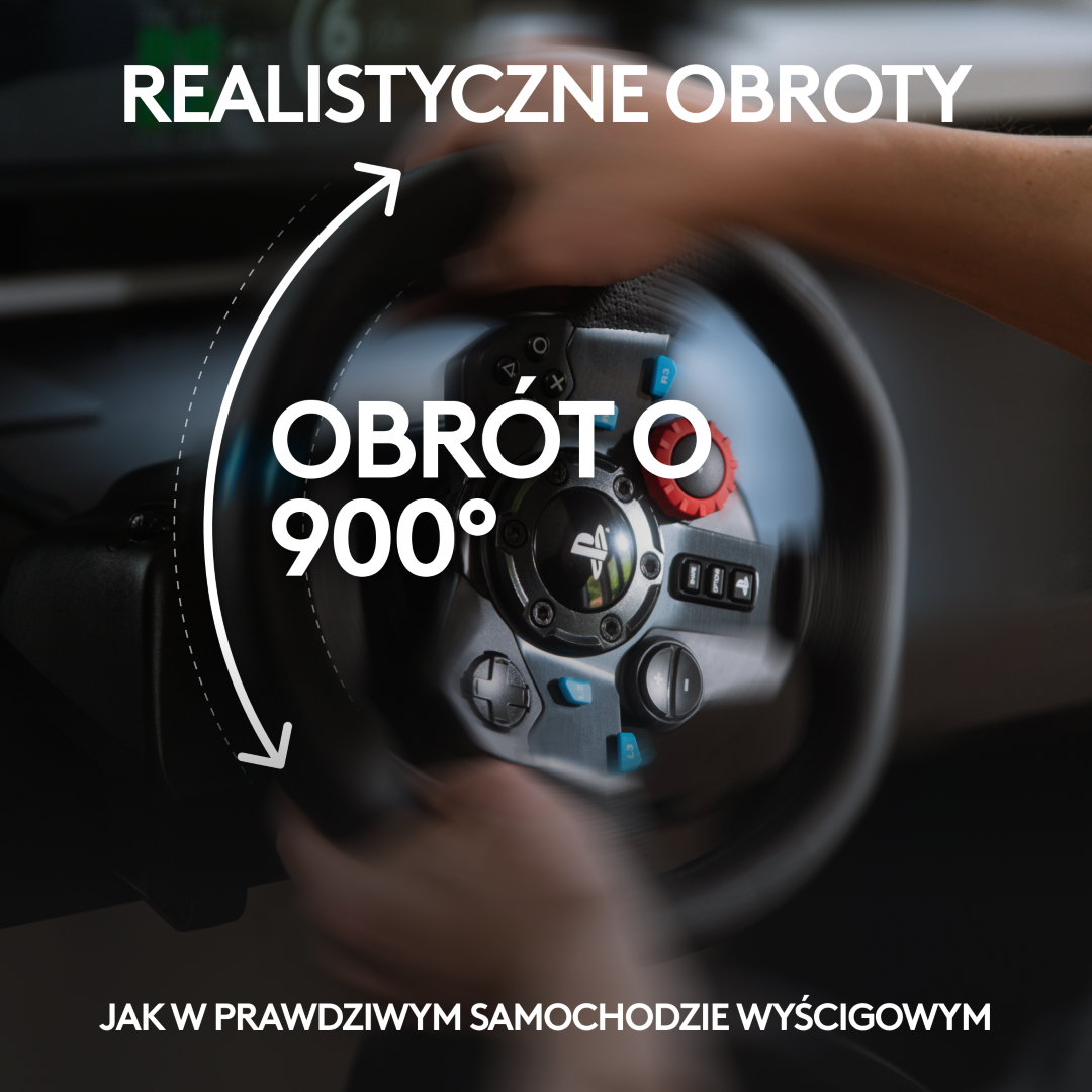 Pokazano kierownicę z obrotem 900 stopni. Obraz zawiera polski tekst: „Realistyczne obroty” i „Jak w prawdziwym samochodzie wyścigowym”.