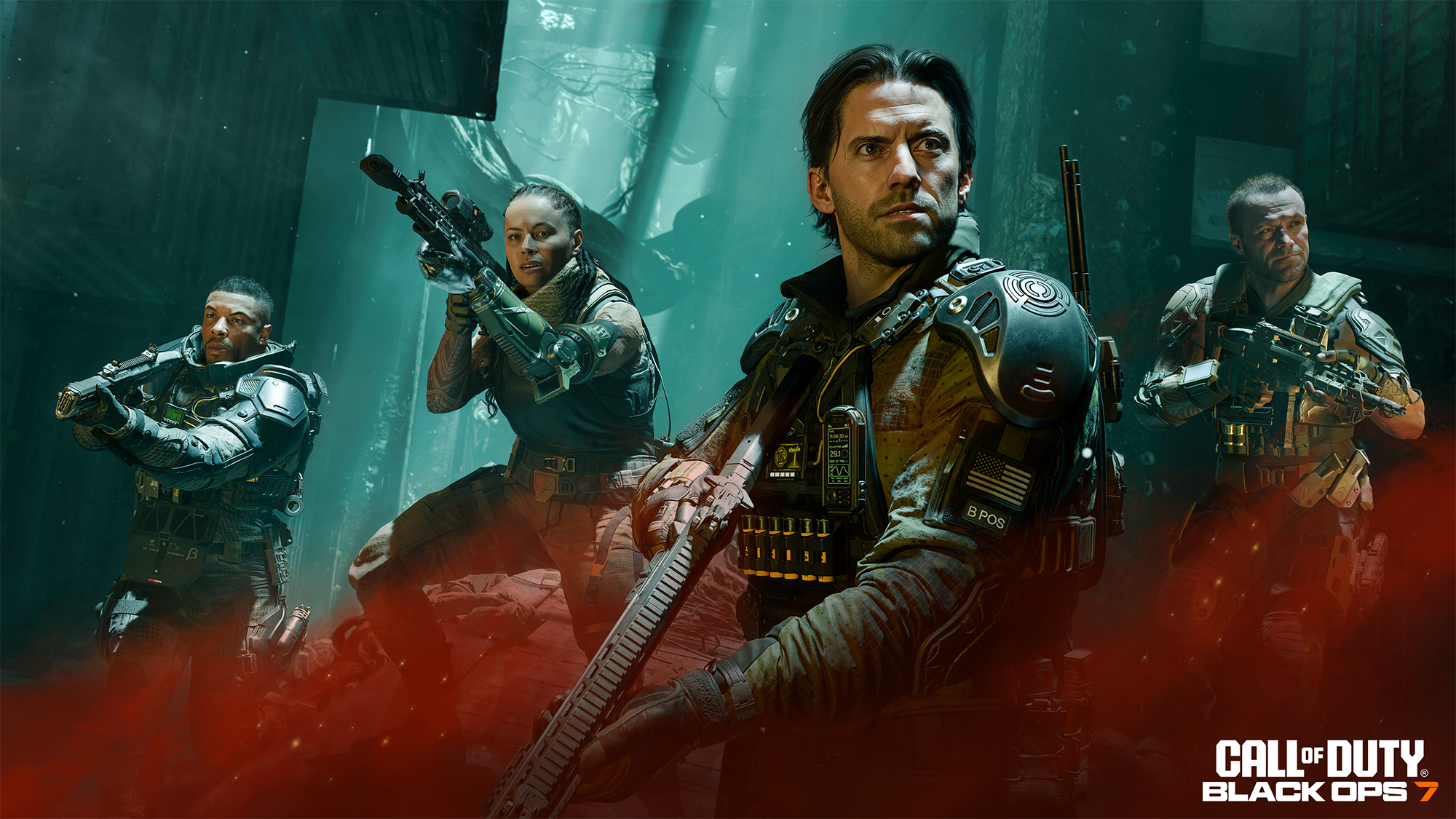 Quatre soldats en équipement tactique avec des armes. Un au premier plan, d'autres en arrière-plan, tous concentrés et alertes. Call of Duty Black Ops 7.