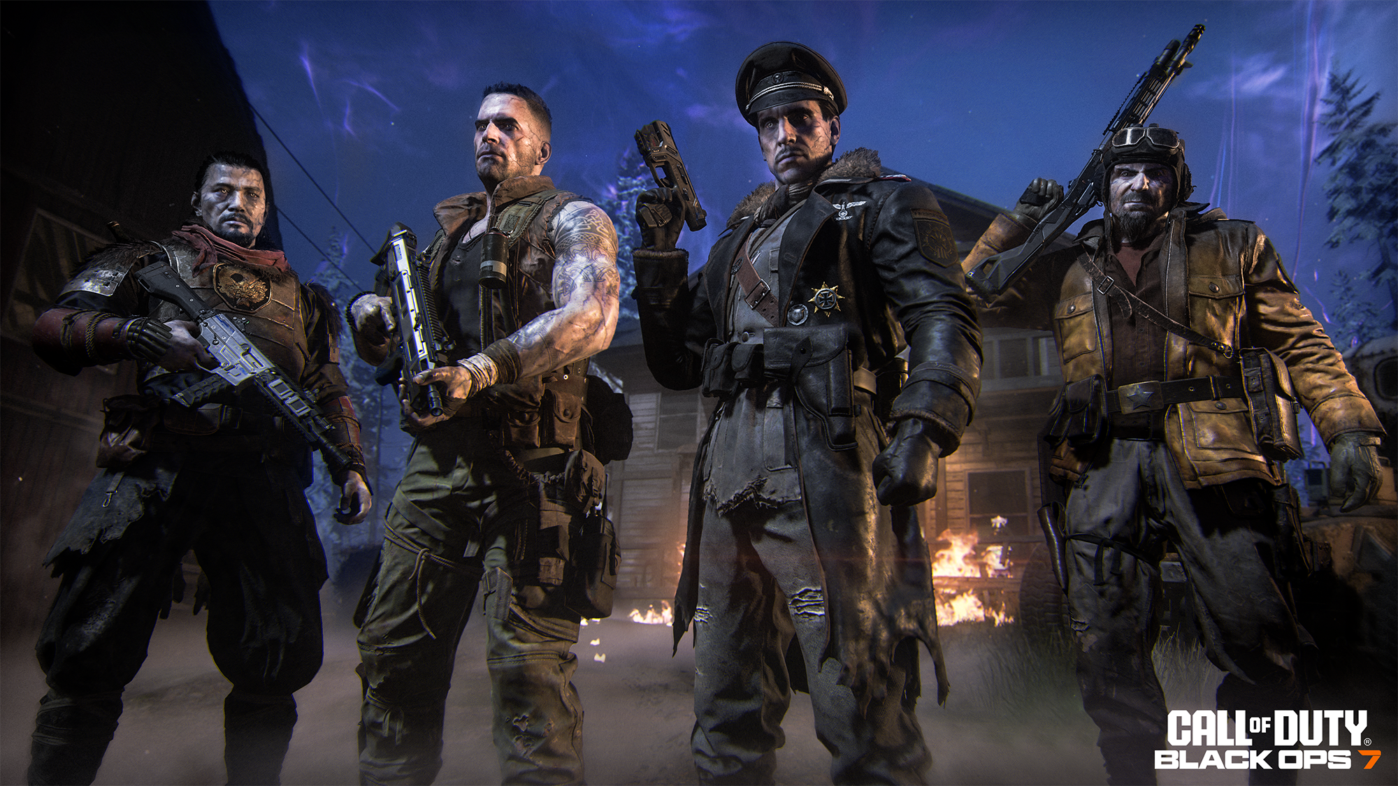 Quatre personnages de Call of Duty sont prêts. Ils portent un équipement militaire. Un bâtiment brûle à l'arrière-plan sous un ciel sombre teinté de violet.