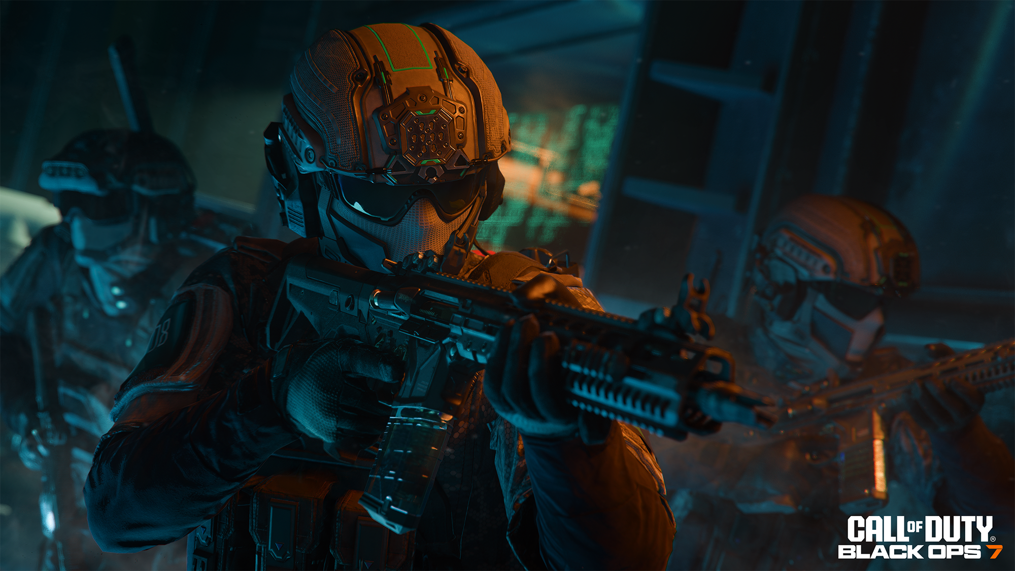 Soldats en équipement futuriste tiennent des fusils, concentrés. Cadre sombre, avec un logo 'Call of Duty'. Casques et visières sont importants.