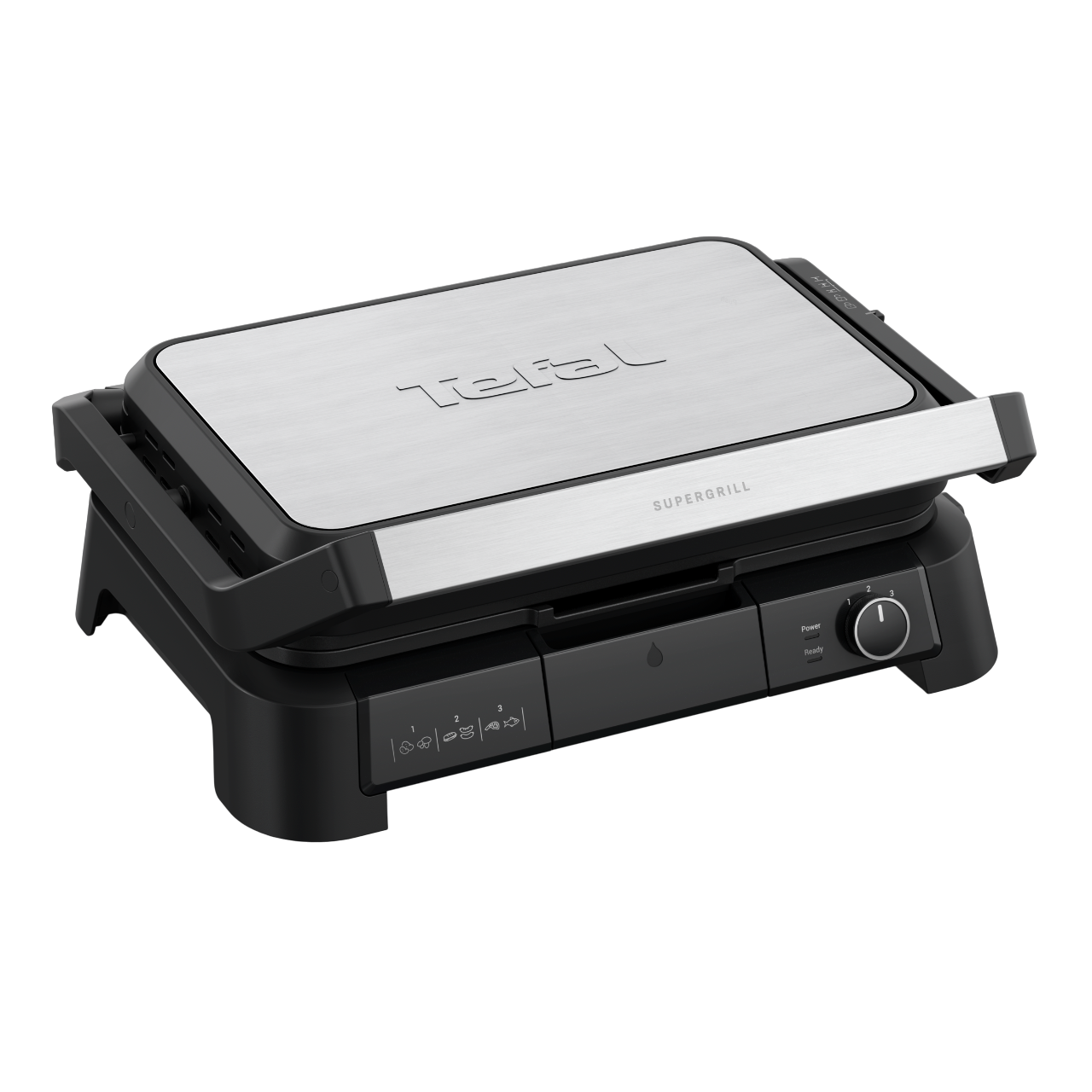 Siyah arka plan üzerinde bir Tefal Supergrill. Siyah ve gümüş renktedir. Izgara kısmen açıktır.