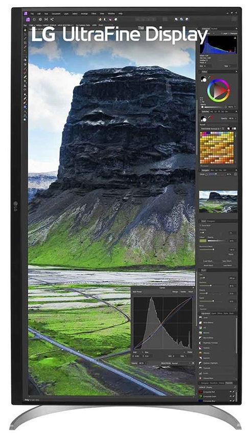Wyświetlacz LG UltraFine pokazuje górski krajobraz z oprogramowaniem do edycji po prawej stronie.