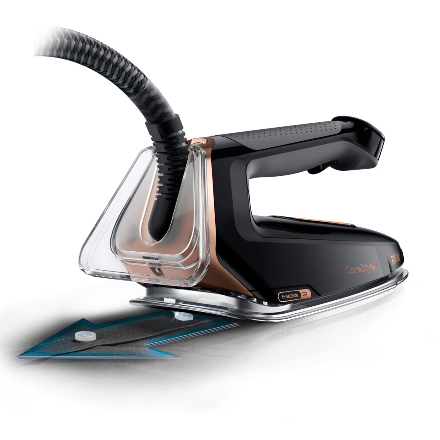 A black and copper iron with a steam hose. The iron is on a white surface with a blue arrow-shaped element. 