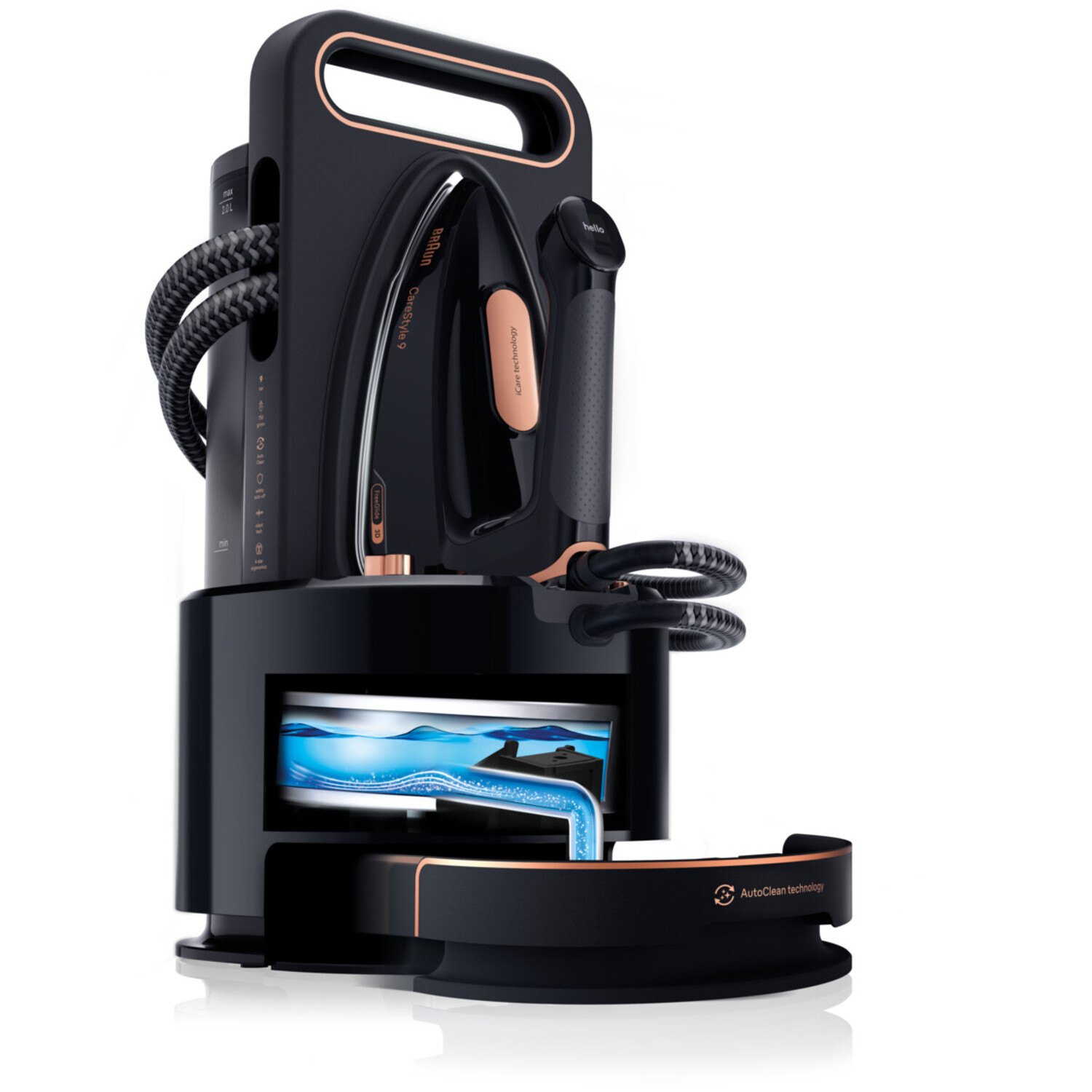 A black and bronze steam iron with its base. The base has a water tank. The iron is on a white background.