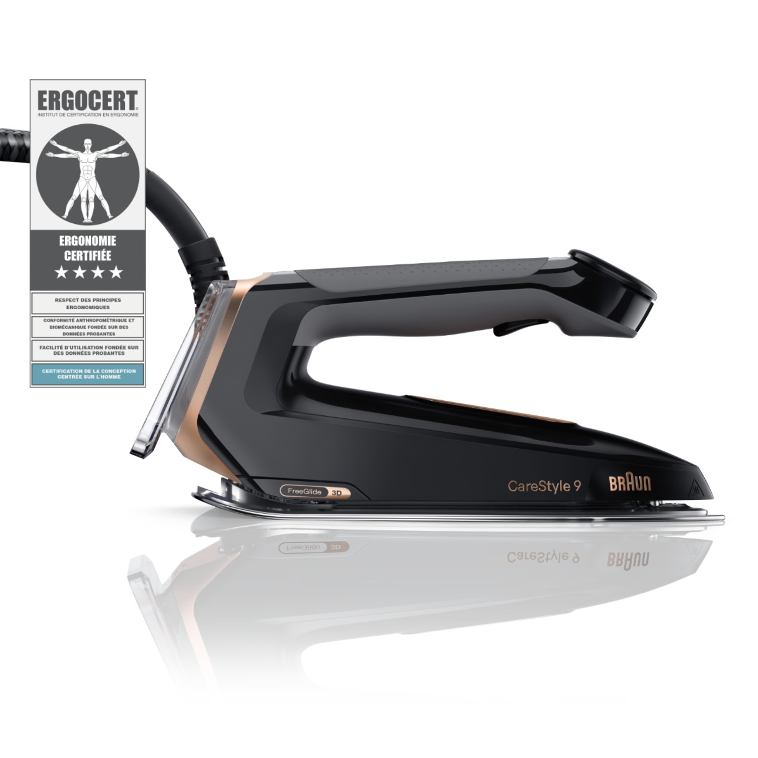 Black and copper iron with a white background. It has a certification logo on the left and the brand name Braun on the right.