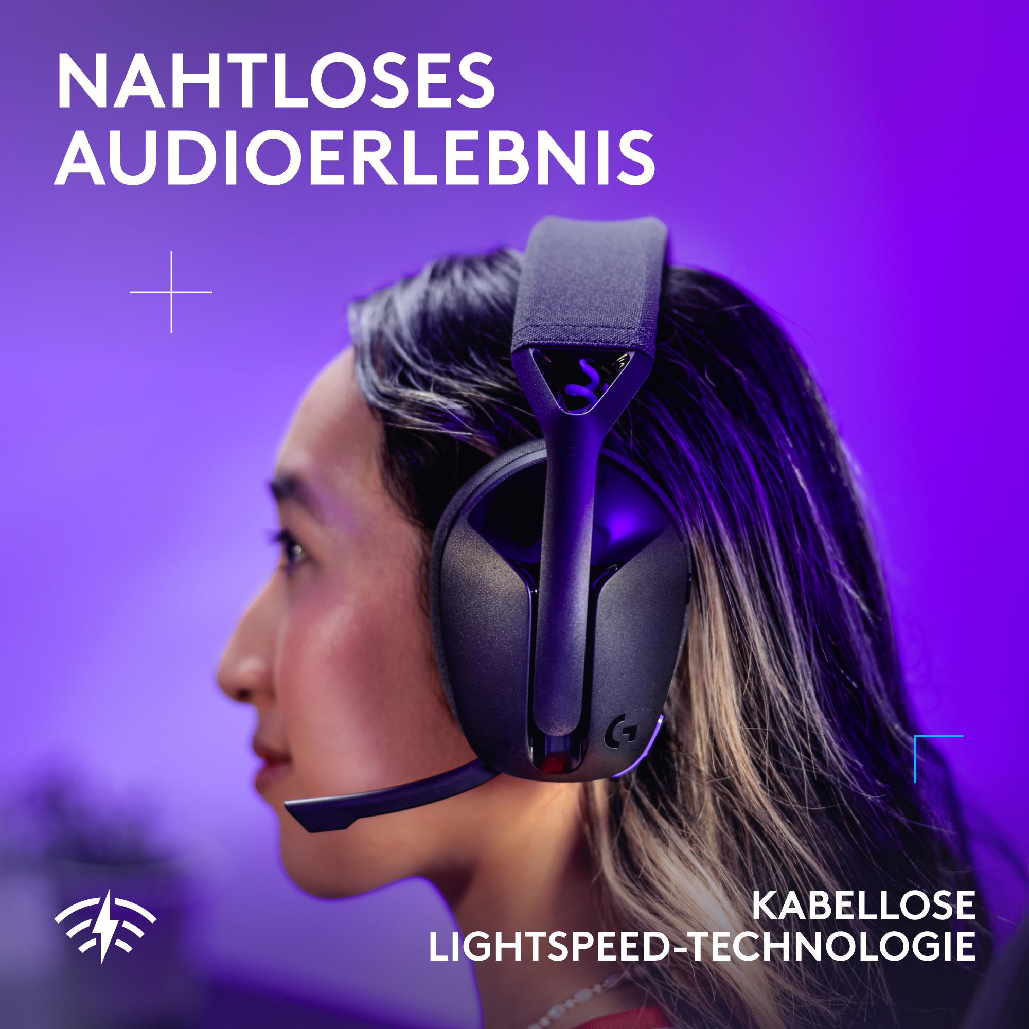 Eine Person mit einem schwarzen Headset, Profilansicht. Text lautet 'Nahtloses Audioerlebnis' und 'Kabellose Lightspeed-Technologie'.