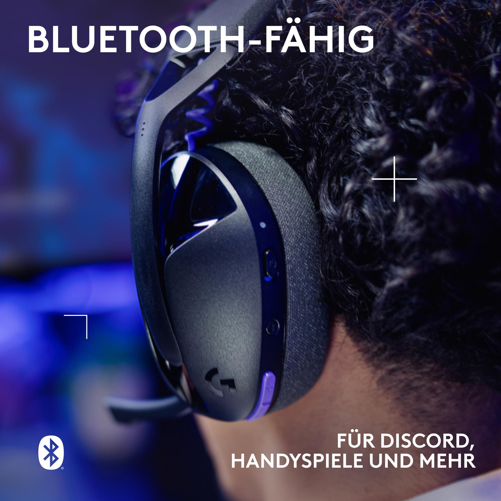 Nahaufnahme eines schwarzen und grauen Headsets. Text: Bluetooth-fähig, für Discord, Handyspiele und mehr.