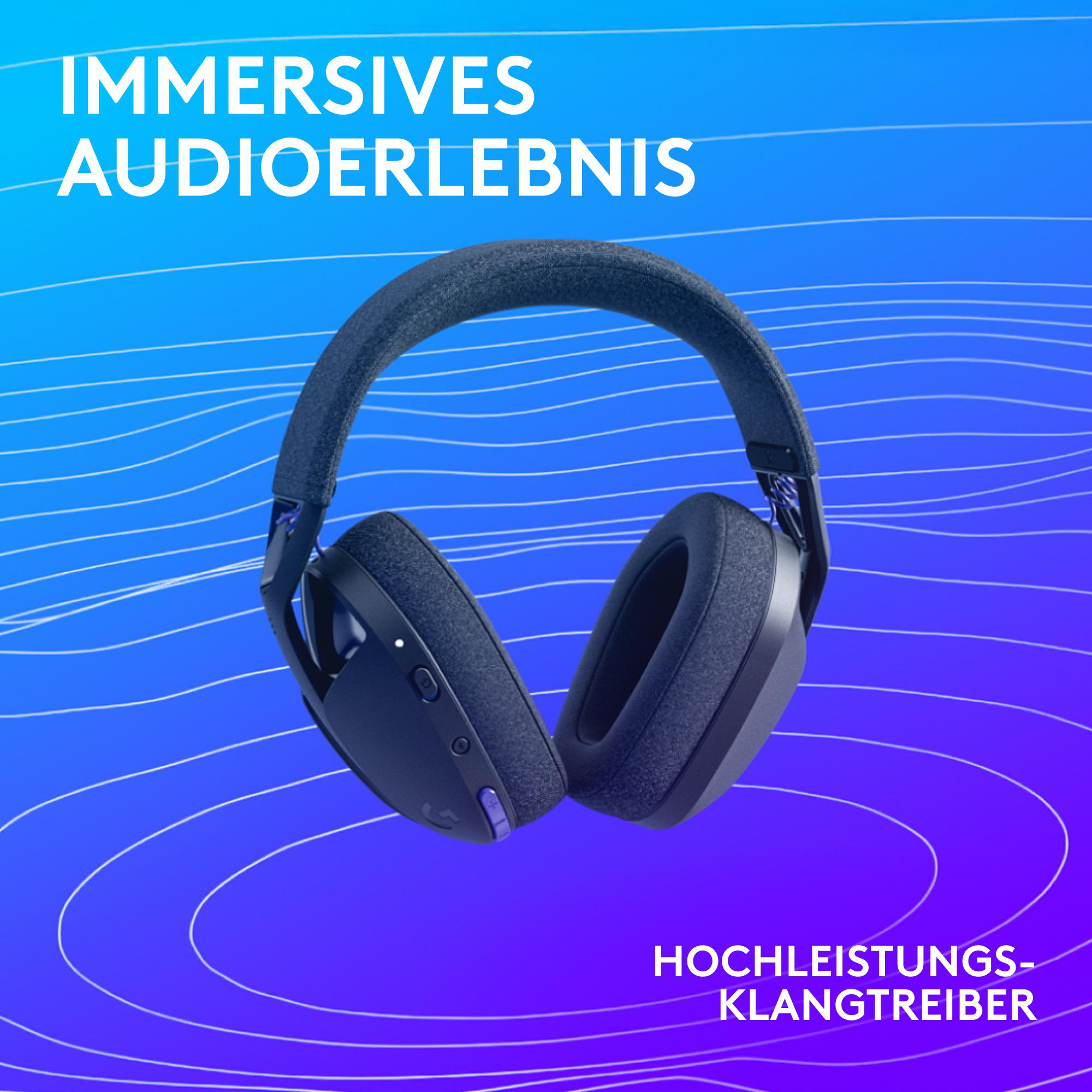 Kopfhörer vor blau-violettem Hintergrund. Text: 'Immersives Audioerlebnis' und 'Hochleistungs-Klangtreiber'.