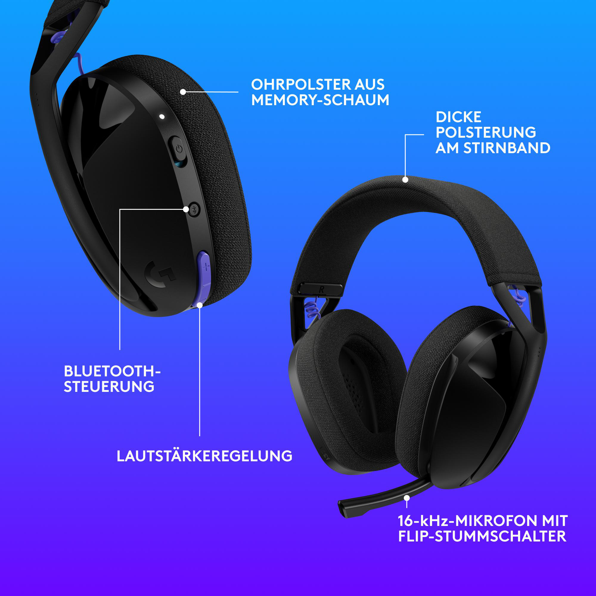 Schwarzes Gaming-Headset mit Ohrmuscheln aus Memory-Schaum, dick gepolstertem Kopfbügel und Flip-Stummschalter.