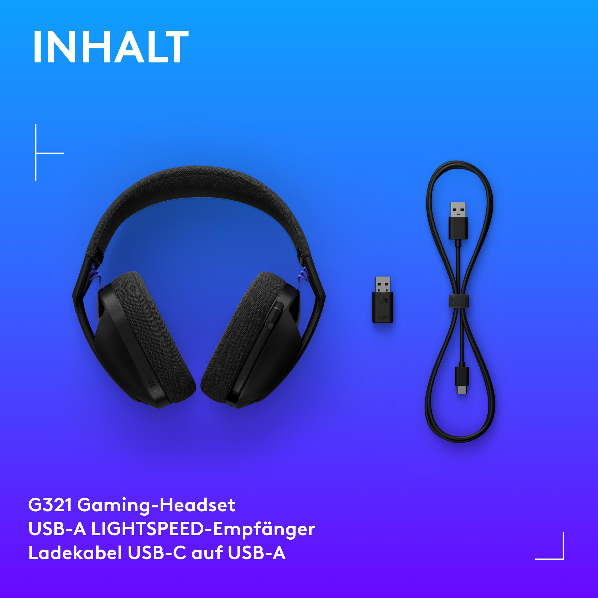 Schwarzes Gaming-Headset, USB-Empfänger und USB-C-auf-USB-A-Ladekabel auf blauem Hintergrund.