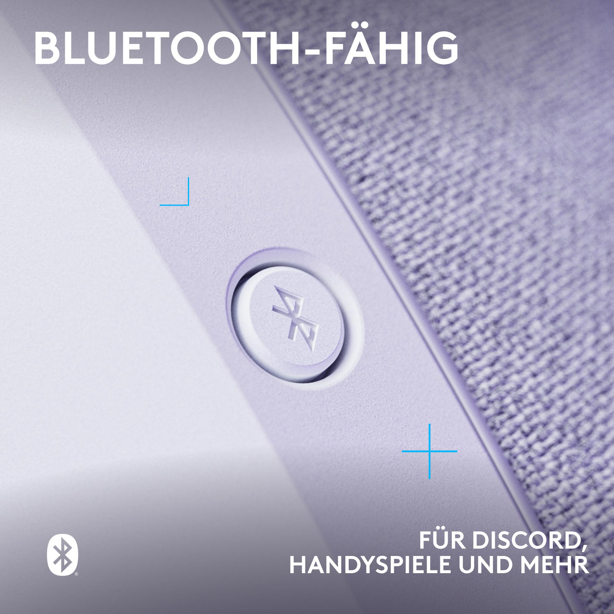 Ein weißer Knopf mit Bluetooth-Symbol. Text: Bluetooth-fähig, Für Discord, Handyspiele und mehr. Blaue Linien.