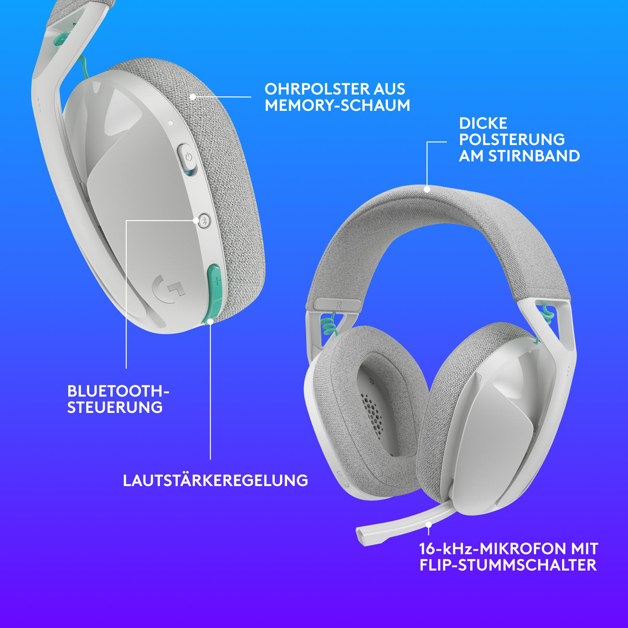 Weißes und graues Headset mit Textbeschriftungen für Bluetooth-Steuerung, Memory-Foam-Ohrmuscheln und Mikrofon.