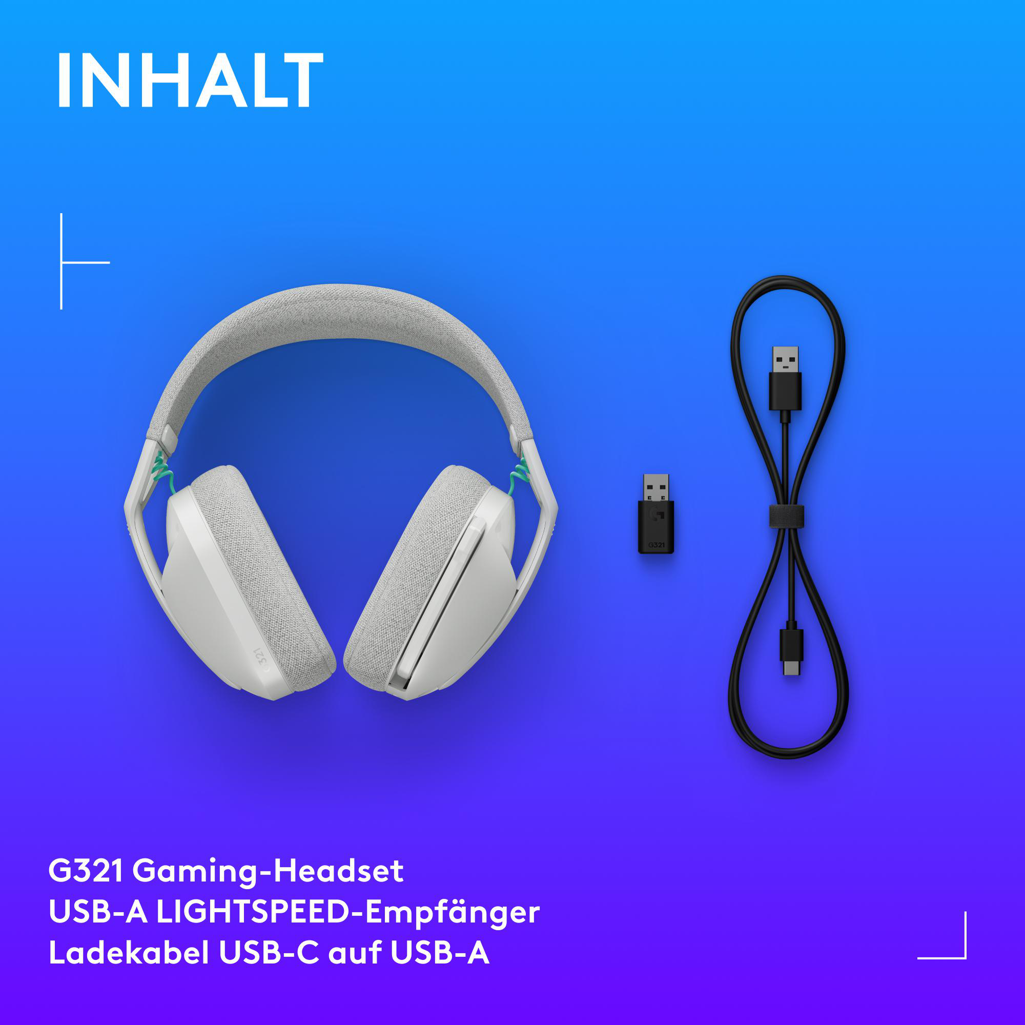 Weißes und graues Gaming-Headset, schwarzes USB-Kabel und ein kleiner Empfänger auf blauem Farbverlauf. Text: G321 Gaming-Headset.