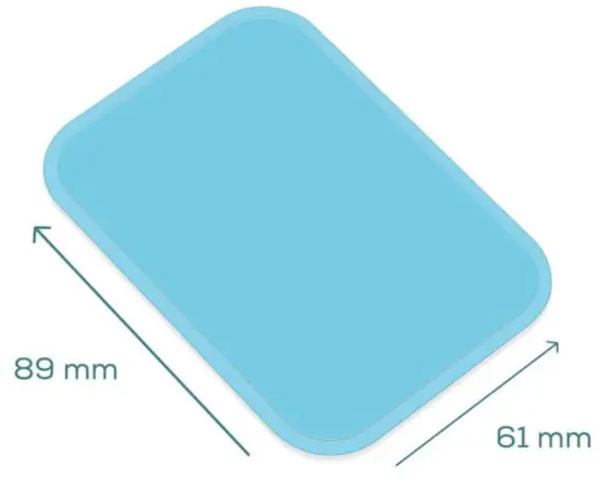 Ein hellblaues rechteckiges Objekt mit abgerundeten Ecken wird gezeigt. Die Abmessungen sind angegeben: 89 mm und 61 mm.