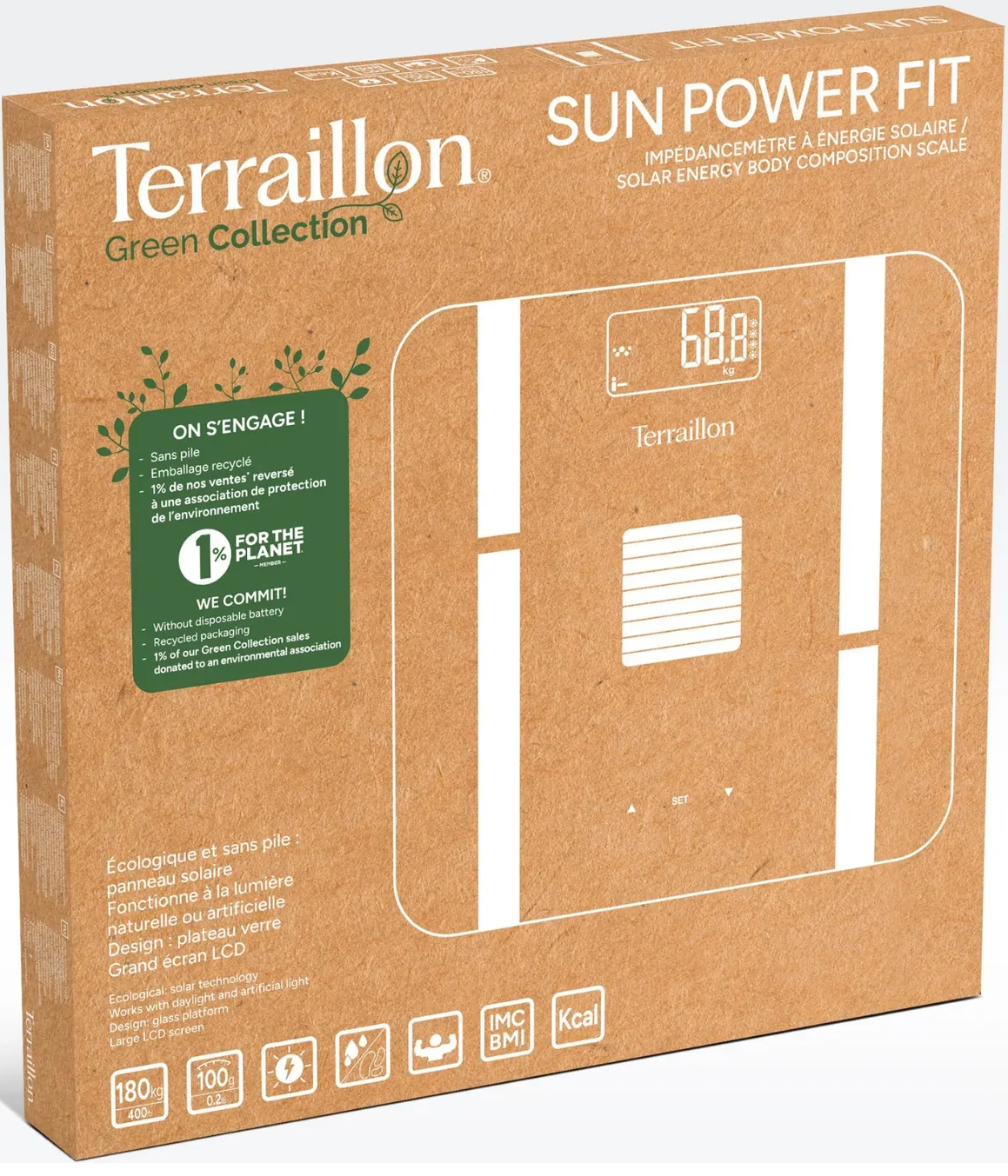 Une boîte en carton d'une balance de composition corporelle à énergie solaire Terraillon. Elle affiche 68,8 kg.