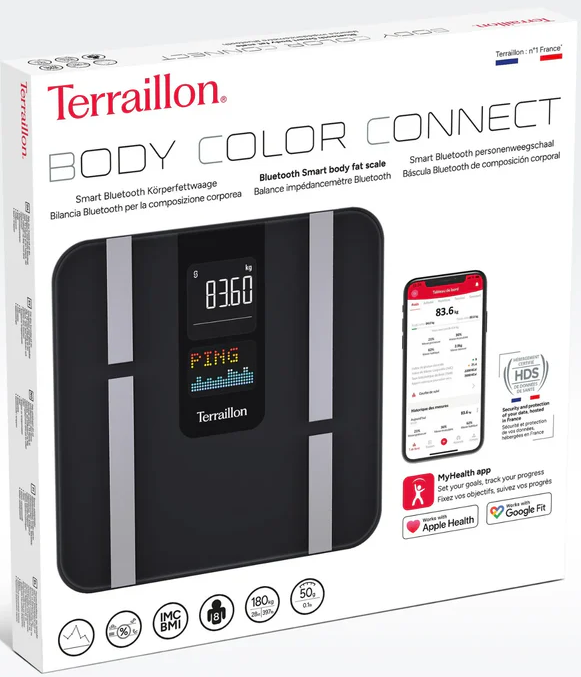 Balance noire Terraillon Body Color Connect sur une boîte blanche. Elle affiche 83,60 kg. La boîte contient les détails de l'application et fonctionne avec Apple Health et Google Fit.