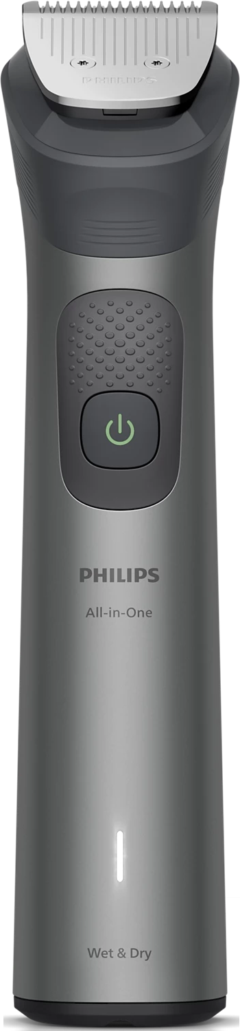 Un rasoir argenté Philips All-in-One. Il a une tête argentée, un bouton marche/arrêt vert et les mots 'Wet & Dry'.
