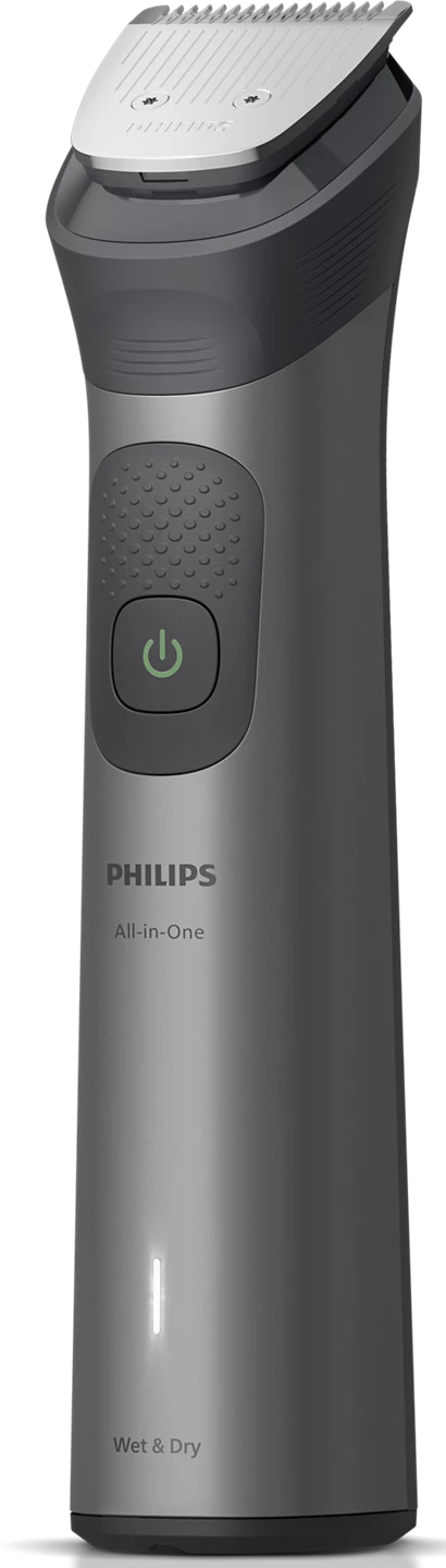 Une tondeuse Philips tout-en-un. Elle est grise avec une lame blanche en haut. Possède un bouton vert et 'Wet & Dry'.