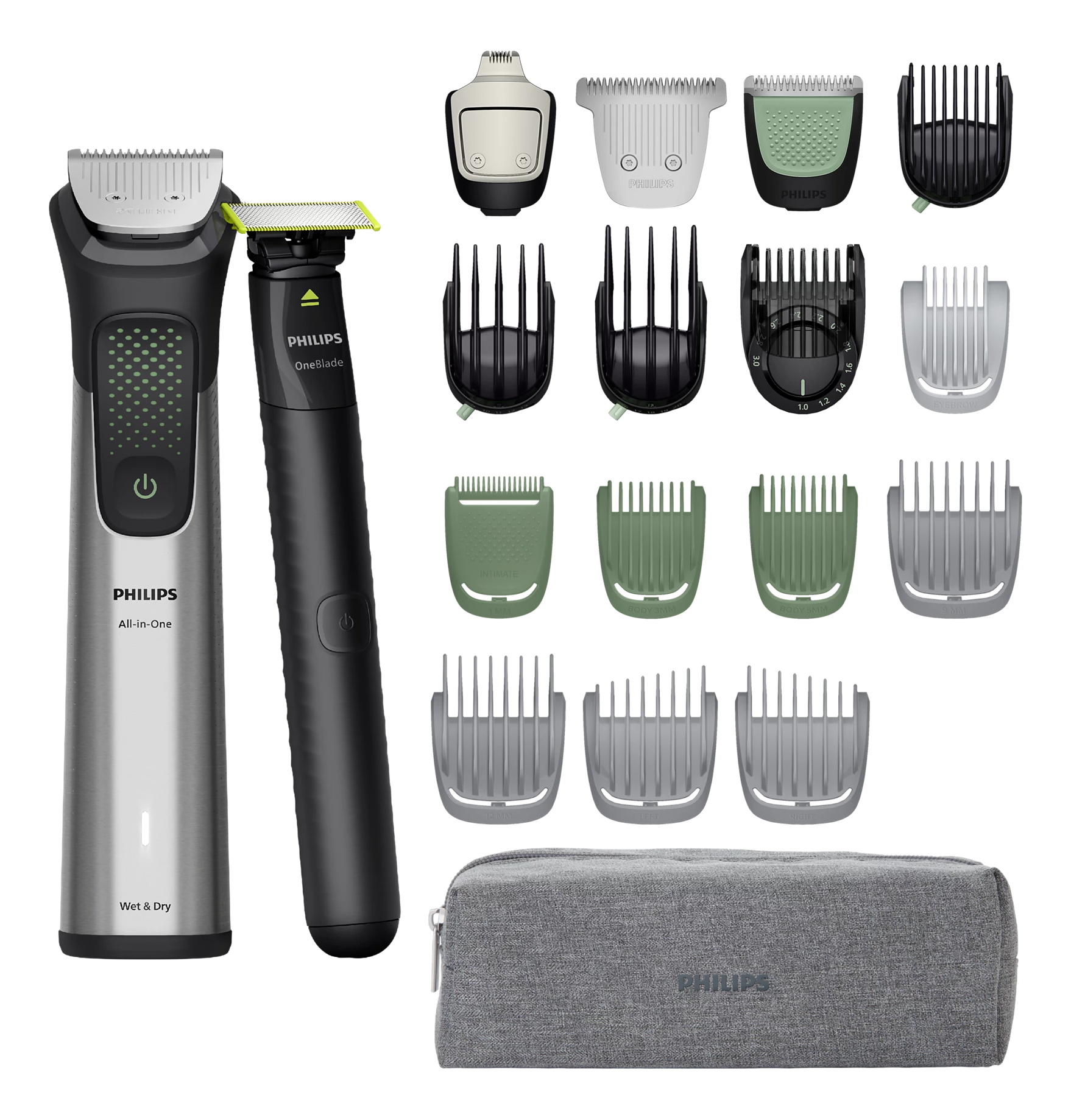 Das Bild zeigt einen Philips OneBlade und All-in-One Trimmer mit verschiedenen Aufsätzen und einem grauen Reiseetui, alles auf schwarzem Hintergrund.