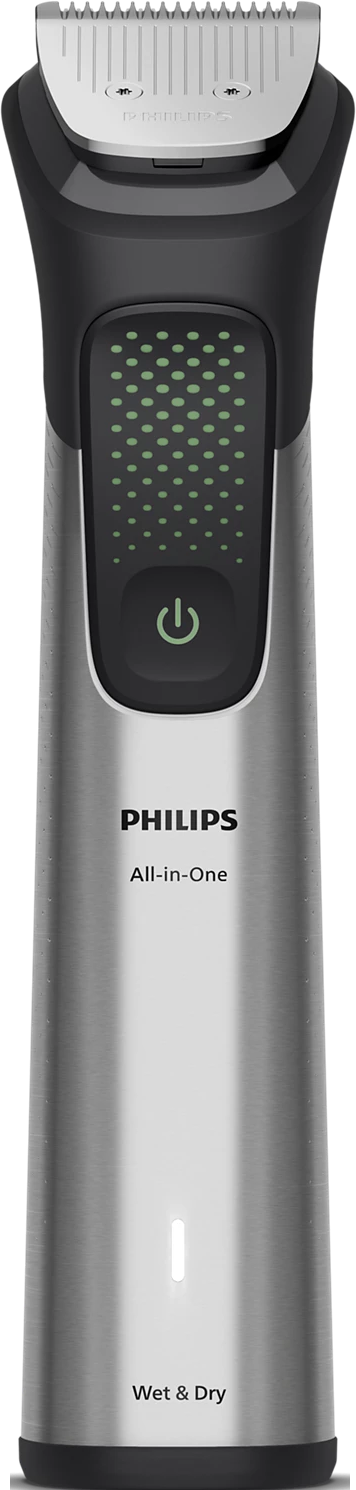 Ein Philips All-in-One Elektrorasierer. Er hat ein silbernes Gehäuse, schwarze Akzente und eine silberne Klinge.
