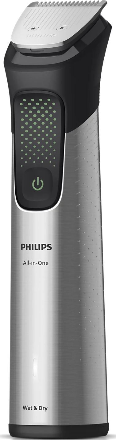 Ein Philips All-in-One Wet & Dry Rasierer. Er ist silber und schwarz mit einem Power-Knopf und grünen Kontrollleuchten.