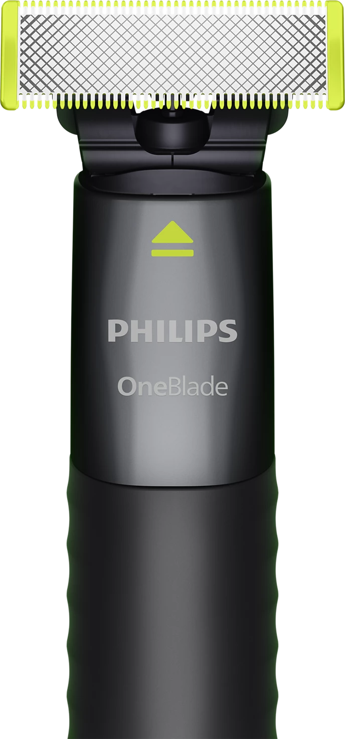 Elektrischer Rasierer Philips OneBlade. Schwarzer Körper, grüne Akzente. Klinge oben. Philips-Logo auf dem Körper.