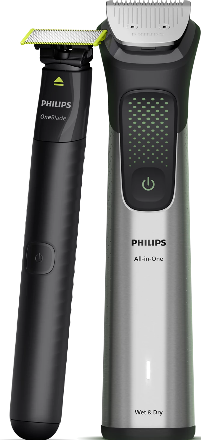 Zwei Philips Elektrorasierer auf schwarzem Hintergrund. Einer ist schwarz OneBlade, der andere silberfarben All-in-One. Beide haben Ein-/Aus-Schalter.