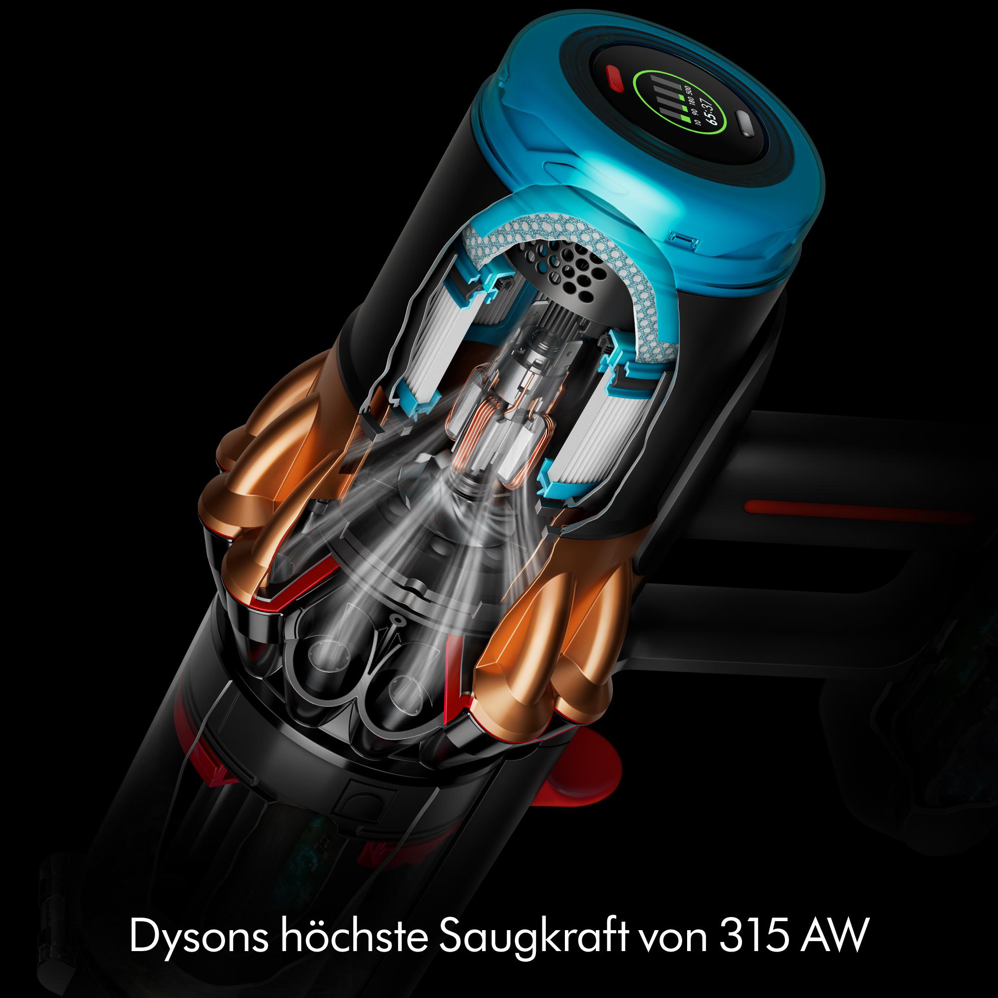 Schnittdarstellung eines Dyson-Staubsaugers. Details der inneren Komponenten, einschließlich Motor und Filter, sind sichtbar, vor schwarzem Hintergrund.