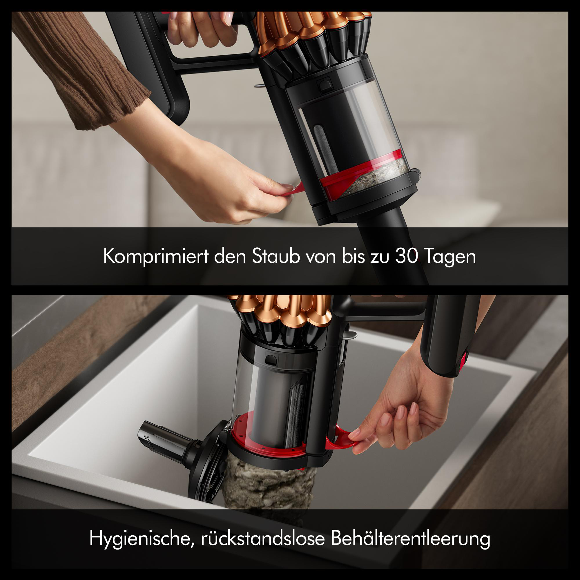 Eine Hand bedient einen schwarz-goldenen Staubsauger und zieht einen roten Hebel. Der Staubsauger befindet sich über einem weißen Waschbecken.