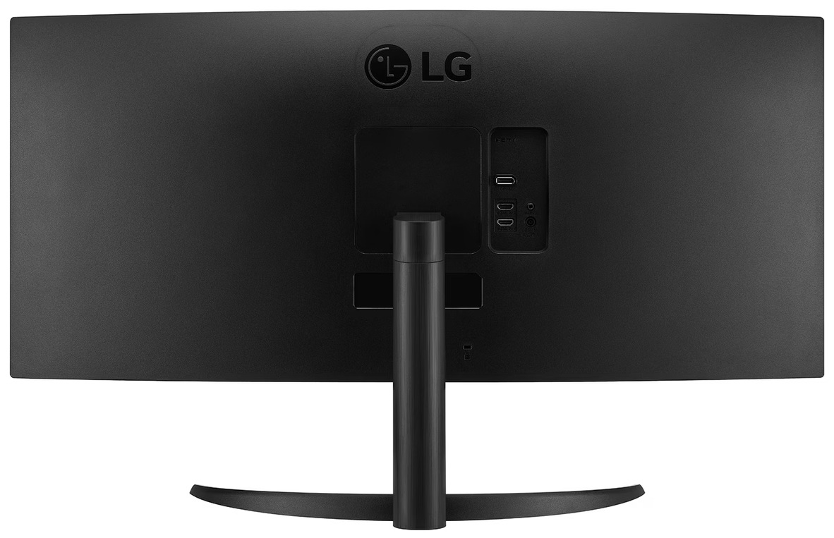 Tył monitora LG. Czarny, zakrzywiony ekran, ze stojakiem i widocznymi portami. Logo LG u góry. Porty obejmują HDMI i USB.