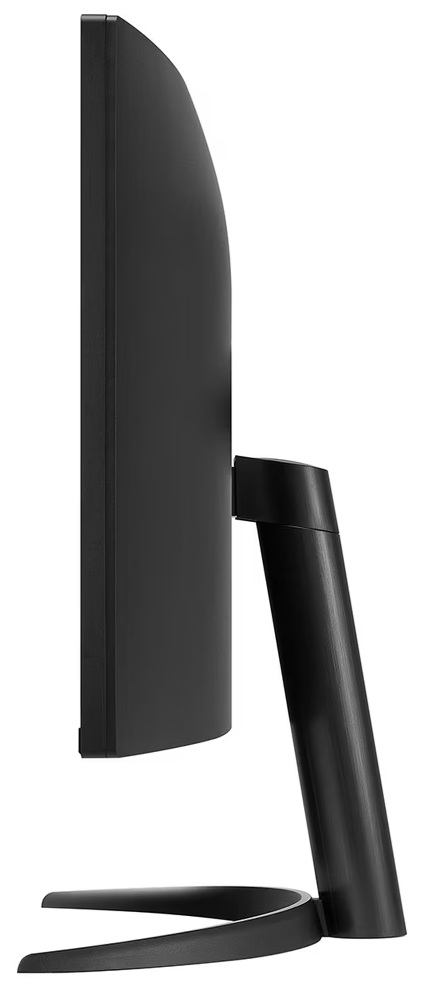 Czarny zakrzywiony monitor komputerowy pokazany z boku, ze stojakiem. Monitor znajduje się na białym tle.