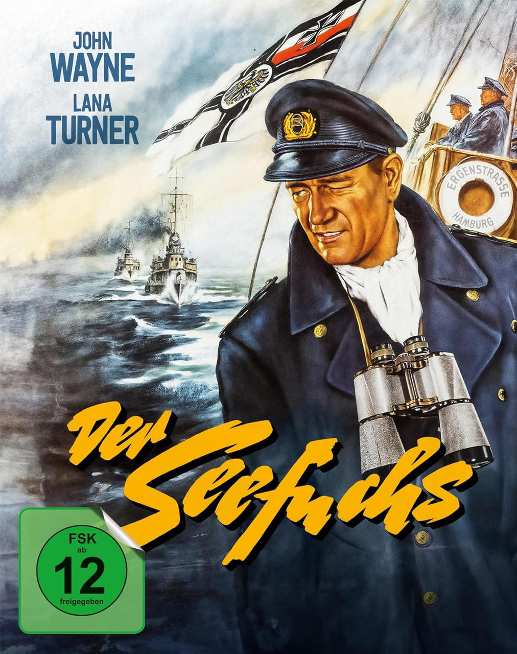 Filmplakat mit John Wayne in Marineuniform mit Fernglas, auf einem Schiff mit anderen Marineschiffen.