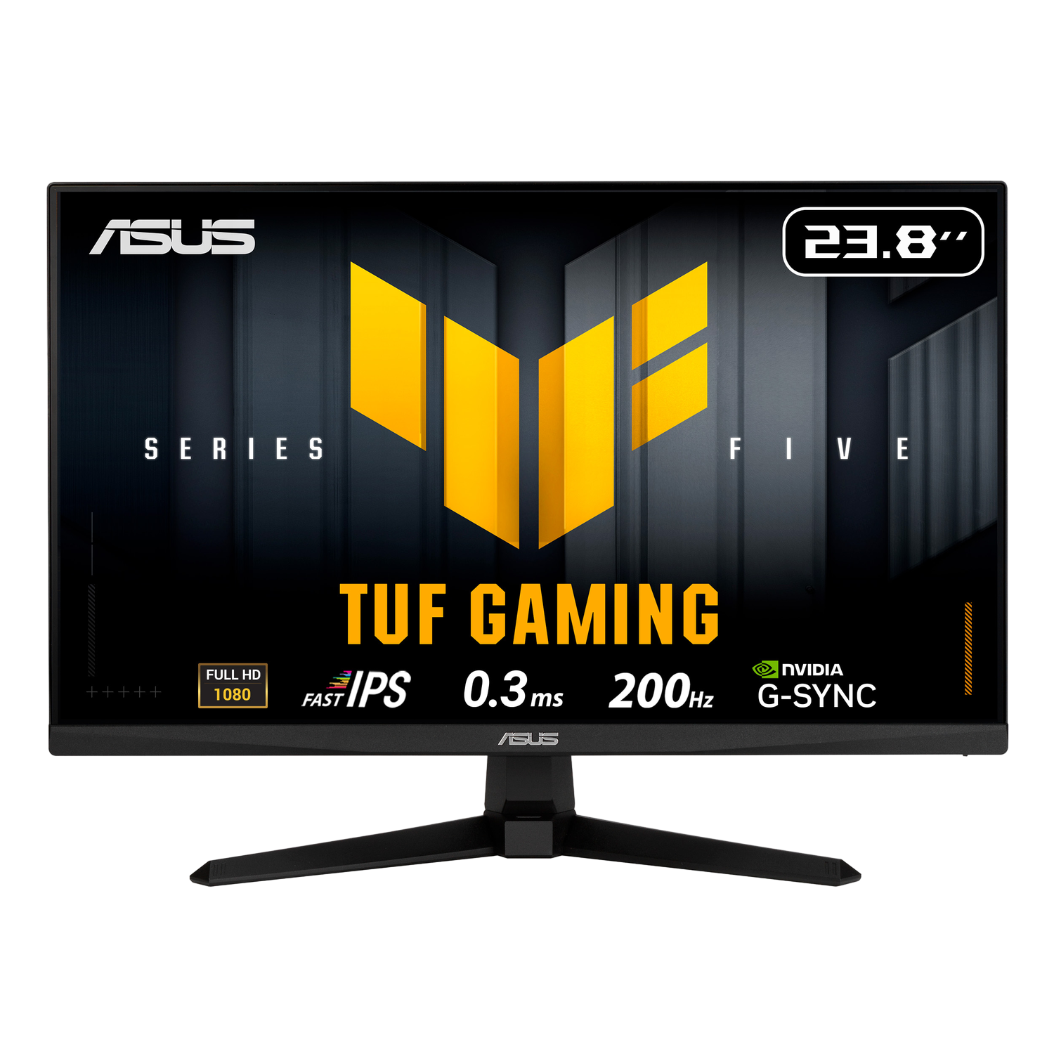 Een ASUS TUF gaming monitor. Het heeft een zwart frame, het scherm toont afbeeldingen en tekst. De modelnaam is zichtbaar.