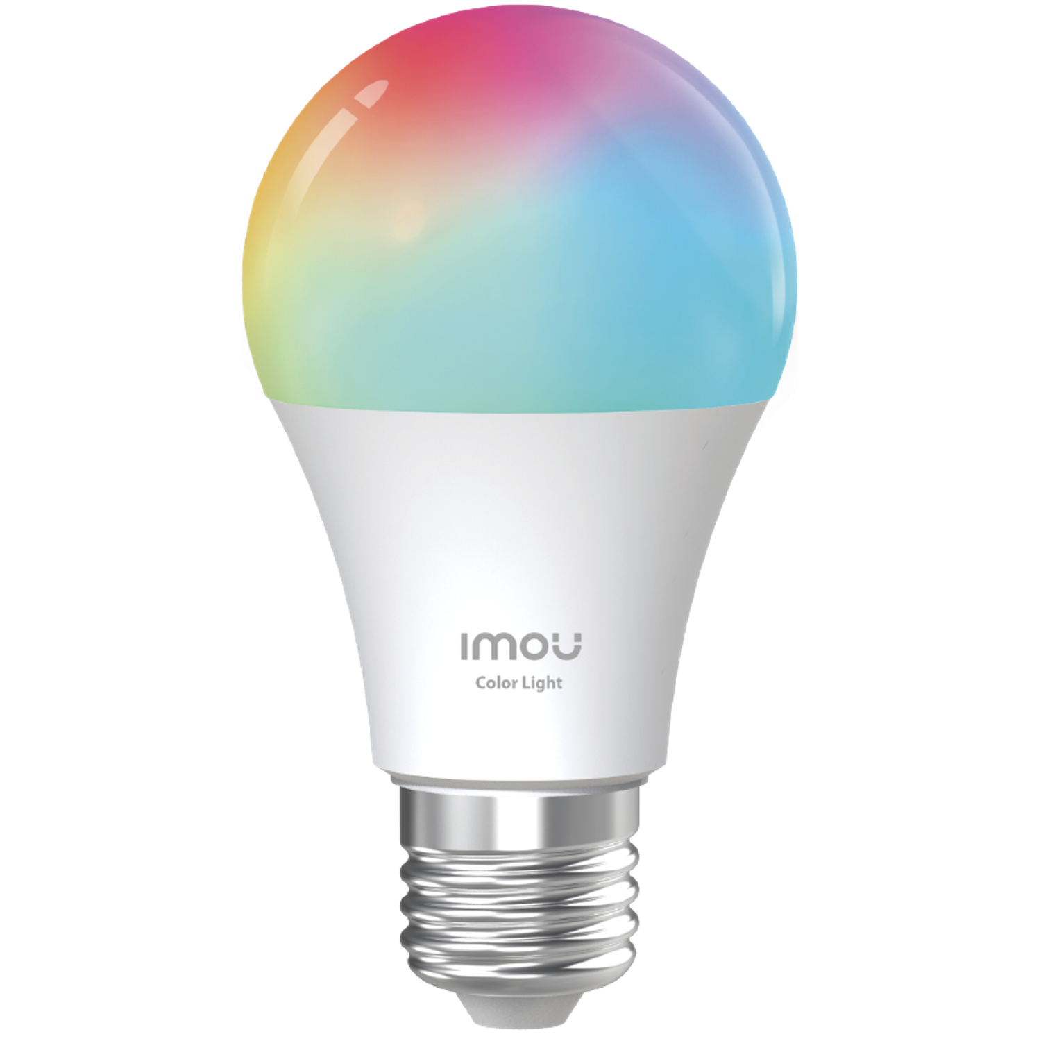 Een slimme gloeilamp met een regenboogkleurige glazen koepel. De basis is wit, met het merk Imou erop. Zwarte achtergrond.