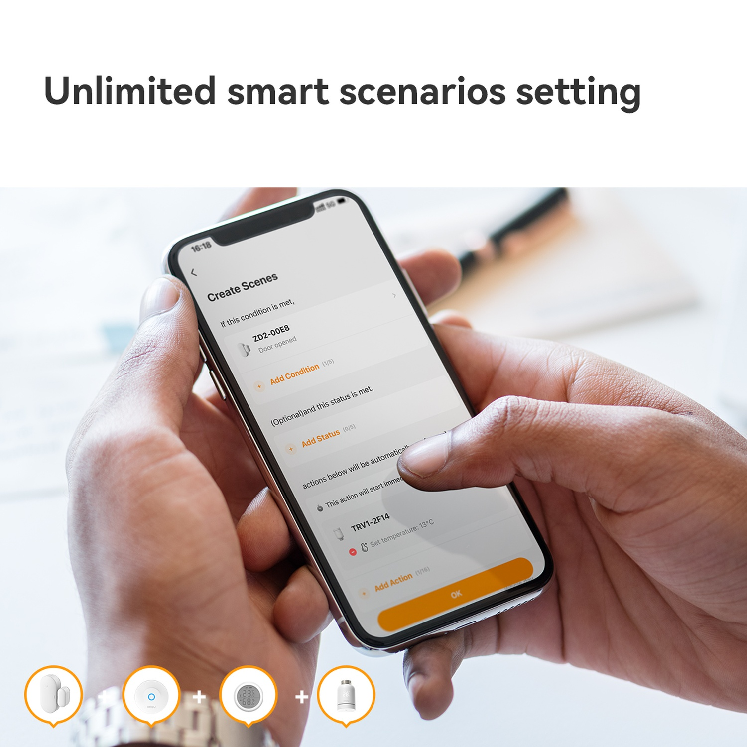 Een hand die een smartphone vasthoudt met smart home-instellingen. Het scherm toont opties voor het creëren van scènes.