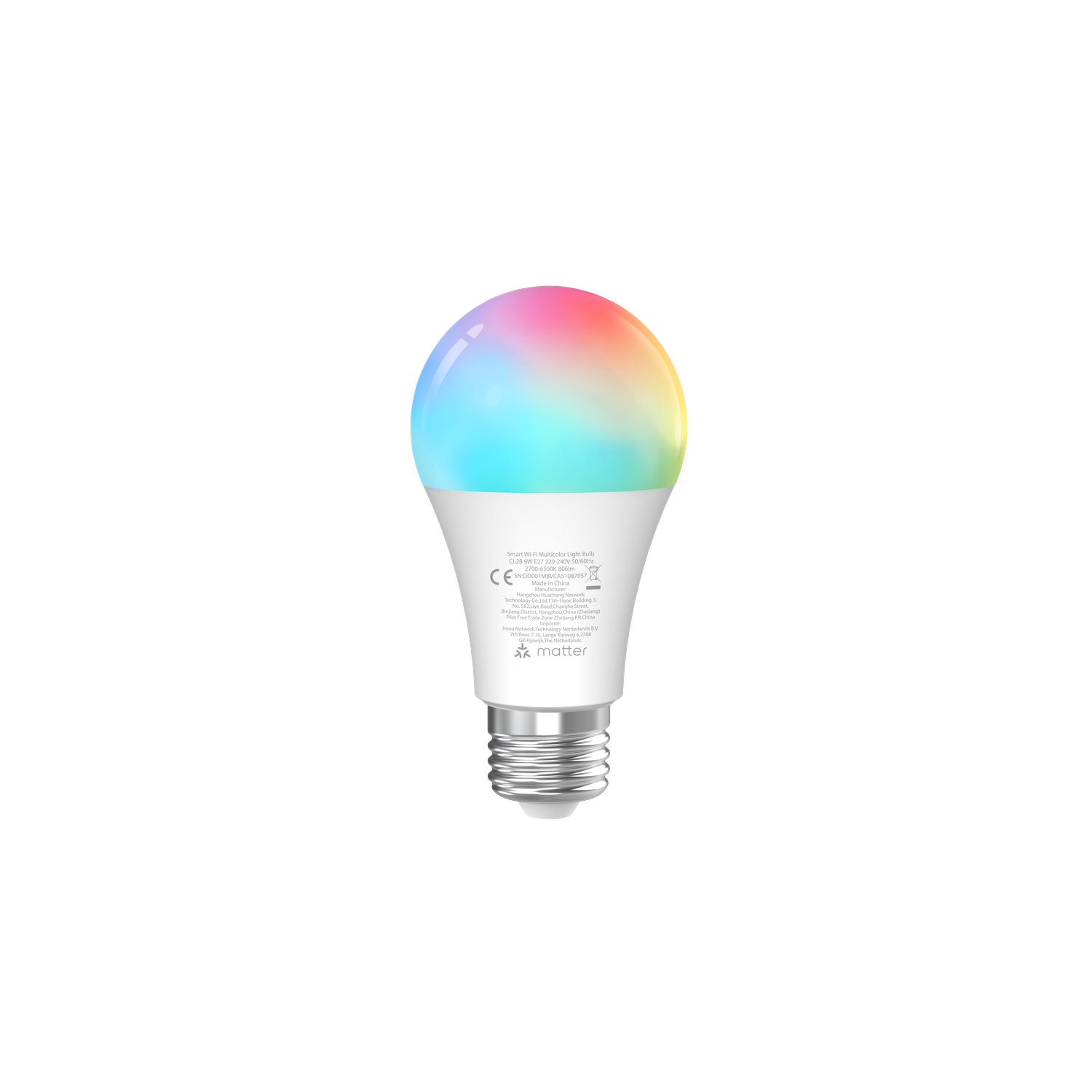 Een slimme multicolor lamp met een witte basis en een kleurrijke, gradiënt gevulde bovenkant tegen een zwarte achtergrond.
