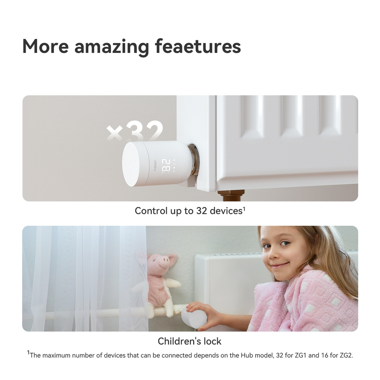 Afbeelding toont een thermostaat op een radiator met "x32" erboven. Een meisje met een roze badjas houdt een thermostaat vast. Tekst zegt 'Kinderslot'.