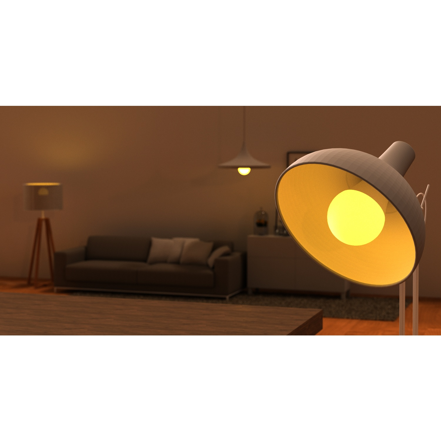 Een kamer met een grote lamp op de voorgrond. Er is een bank en een tafel op de achtergrond. De kamer wordt verlicht door lampen.