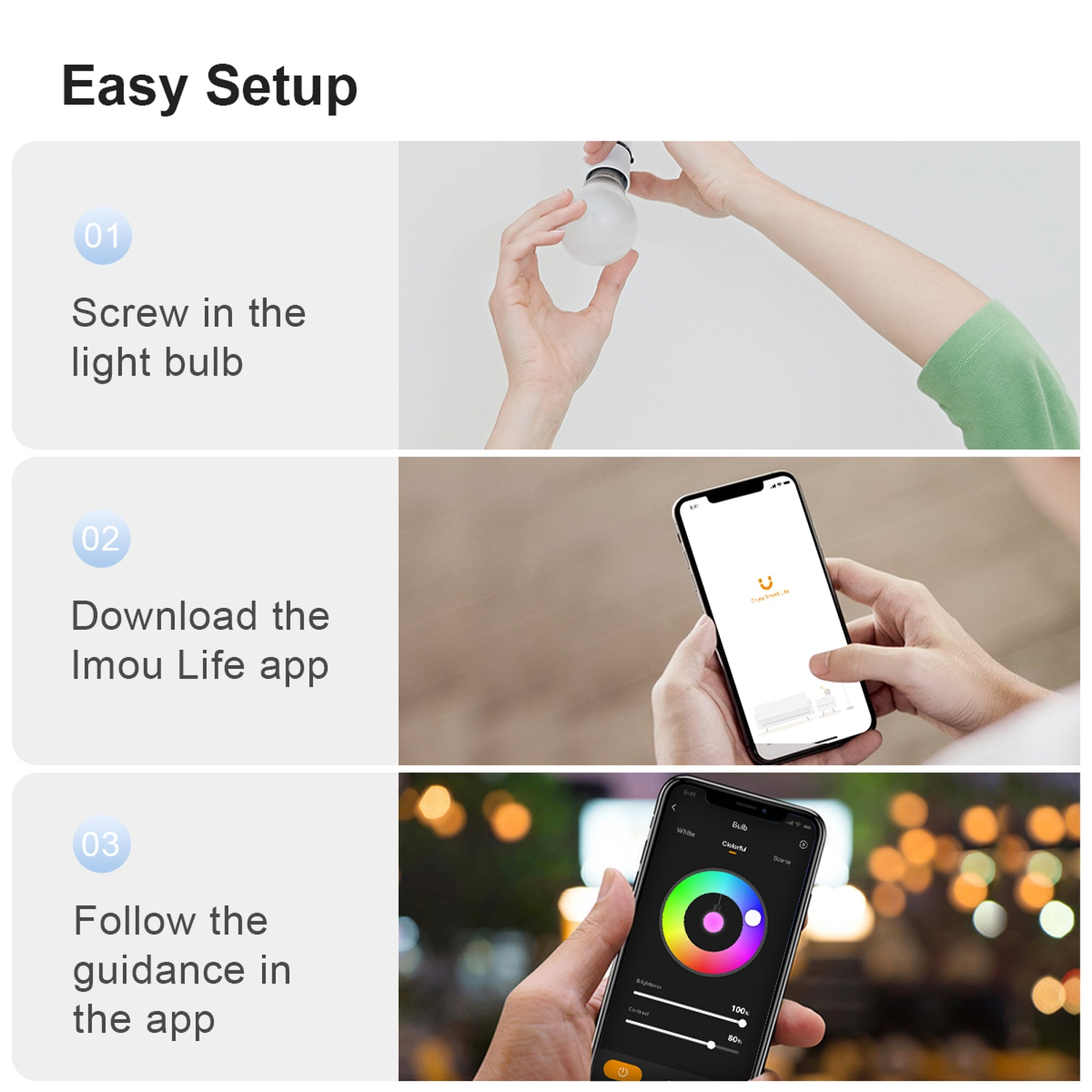 Instructies: Schroef de lamp in, download de Imou Life app, volg de instructies in de app. Afbeeldingen tonen handen, telefoonscherm en een kleurrijke interface.