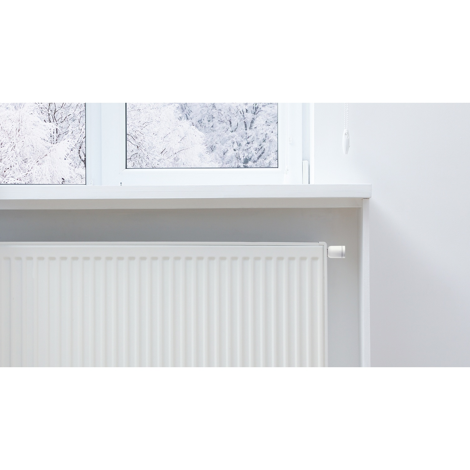 Witte radiator onder een raam met uitzicht op een besneeuwde winterscène. Het raam is wit en heeft een trekkoord.