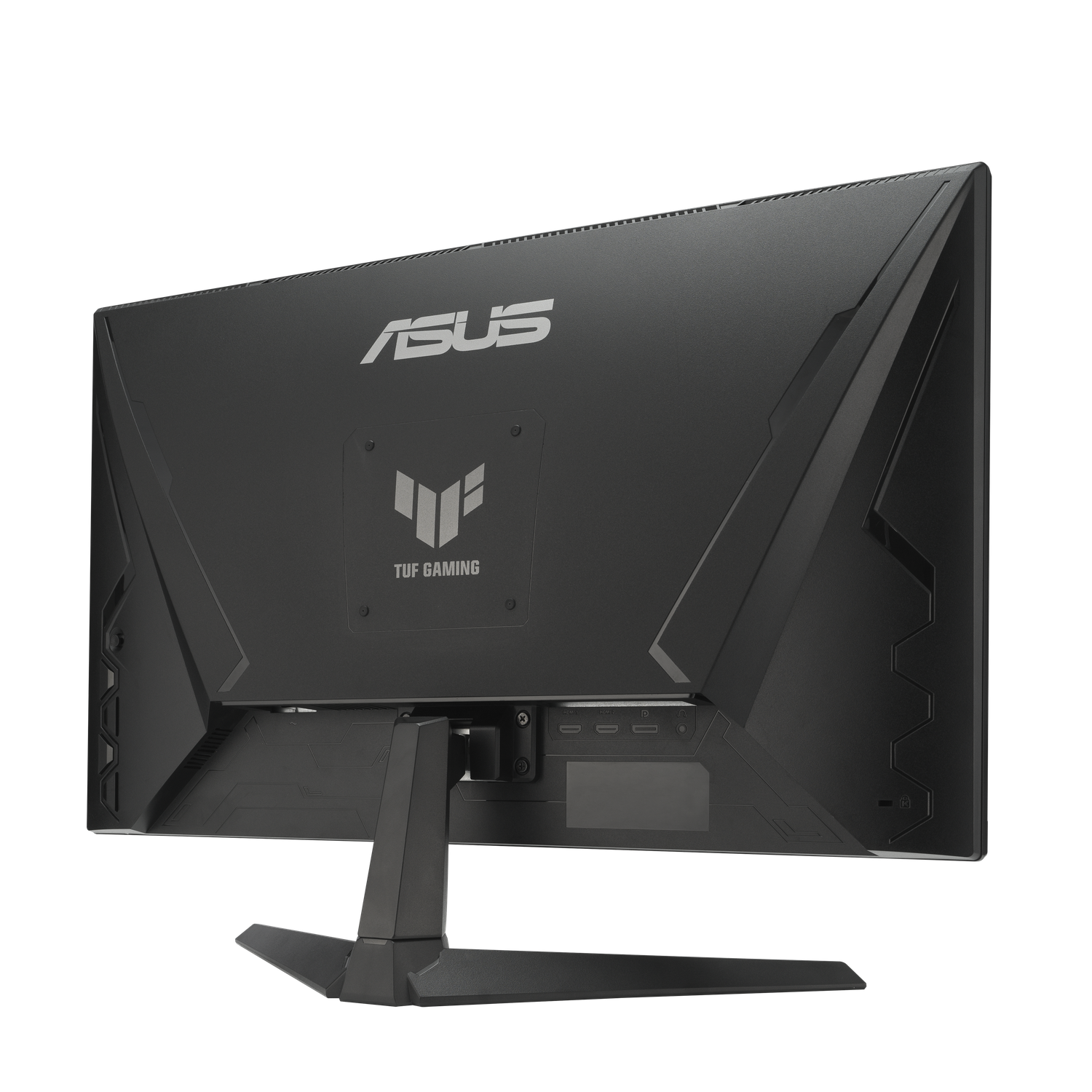 Achterkant van een zwarte ASUS TUF Gaming monitor. Het ASUS-logo staat bovenaan. De standaard is zichtbaar. Poorten en connectoren onderaan.
