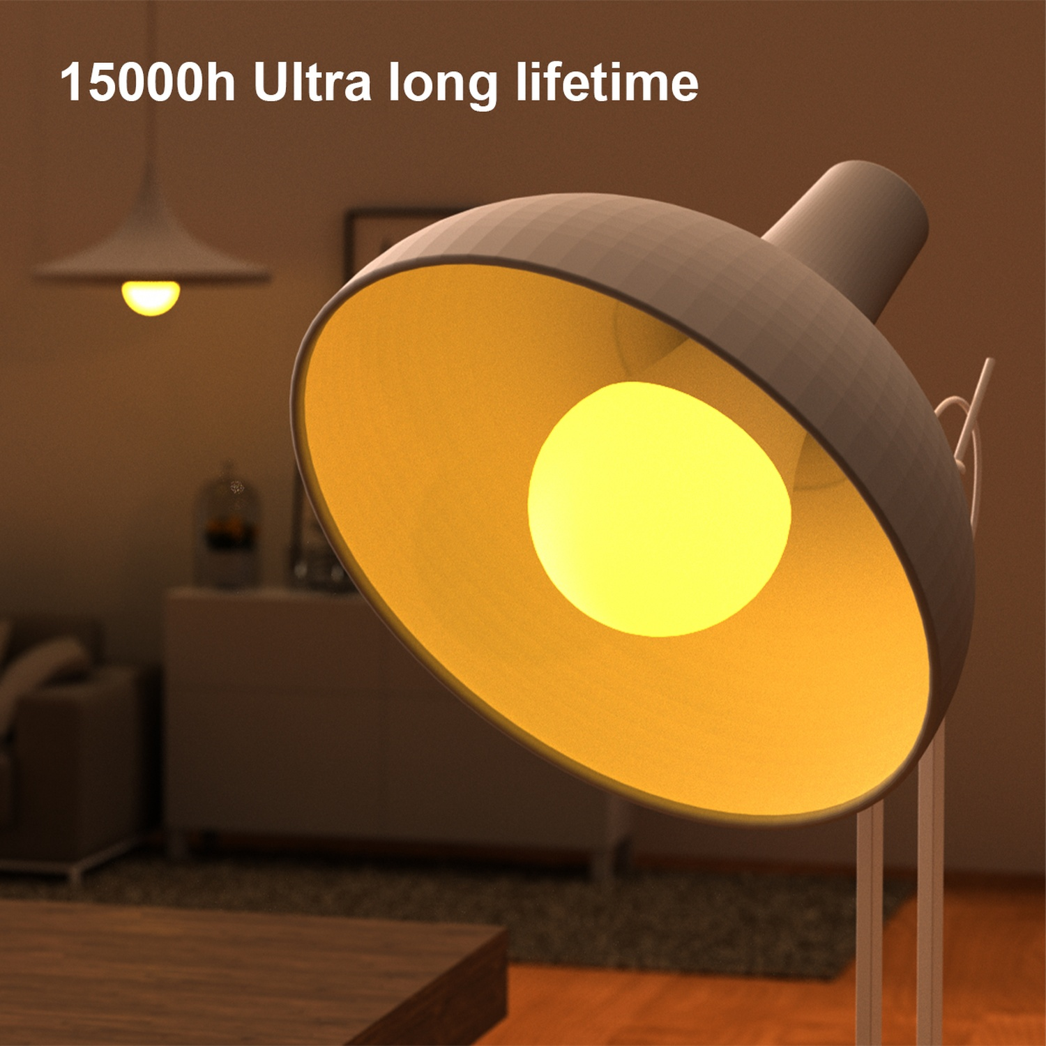 Een brandende lamp staat op de voorgrond, met een helder geel licht. Een andere lamp staat op de achtergrond. De tekst "15000h Ultra lange levensduur" staat bovenaan.