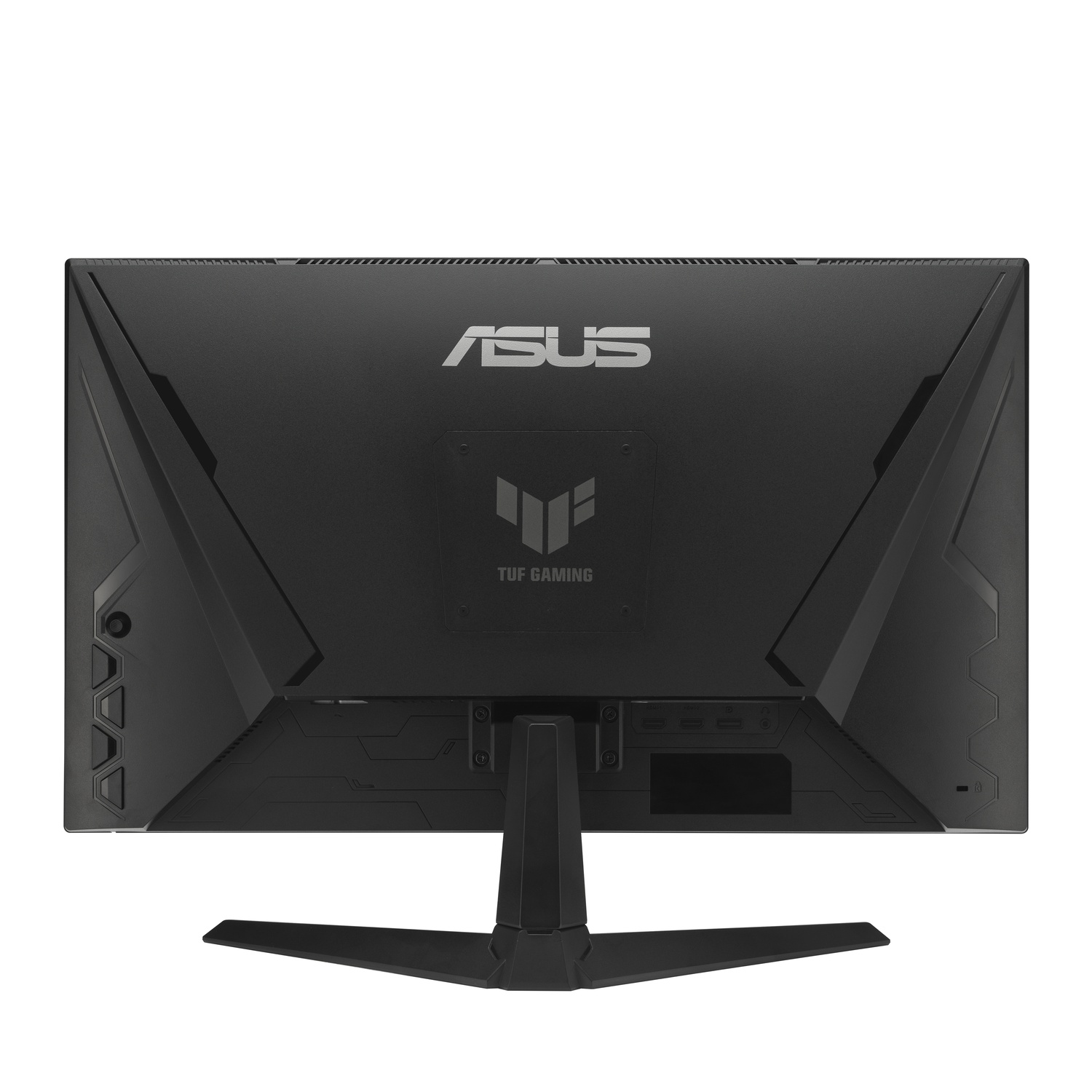 Zwarte Asus TUF Gaming monitor. De achterkant van de monitor is zichtbaar, met het merklogo en de standaard. Het scherm is omgeven door een zwart frame.
